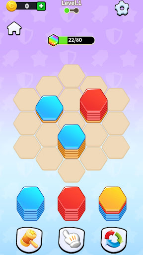 Stacked colored hex tiles on a puzzle board